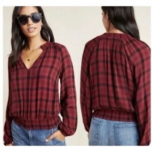 Anthropologie‎ Cloth & Stone Sara Red Buffalo Plaid Shirt Large Elastic Waist